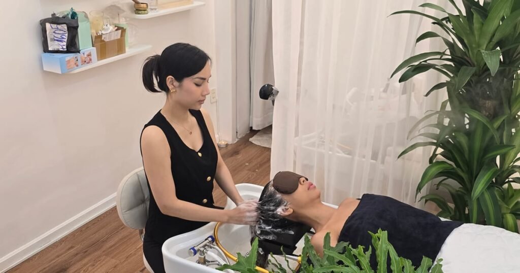 Kỹ thuật viên gội đầu dưỡng sinh cho khách tại Quận 1