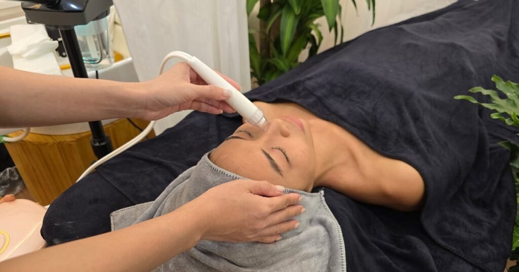 Kỹ thuật viên thực hiện bước chăm sóc da mặt bằng thiết bị chuyên dụng